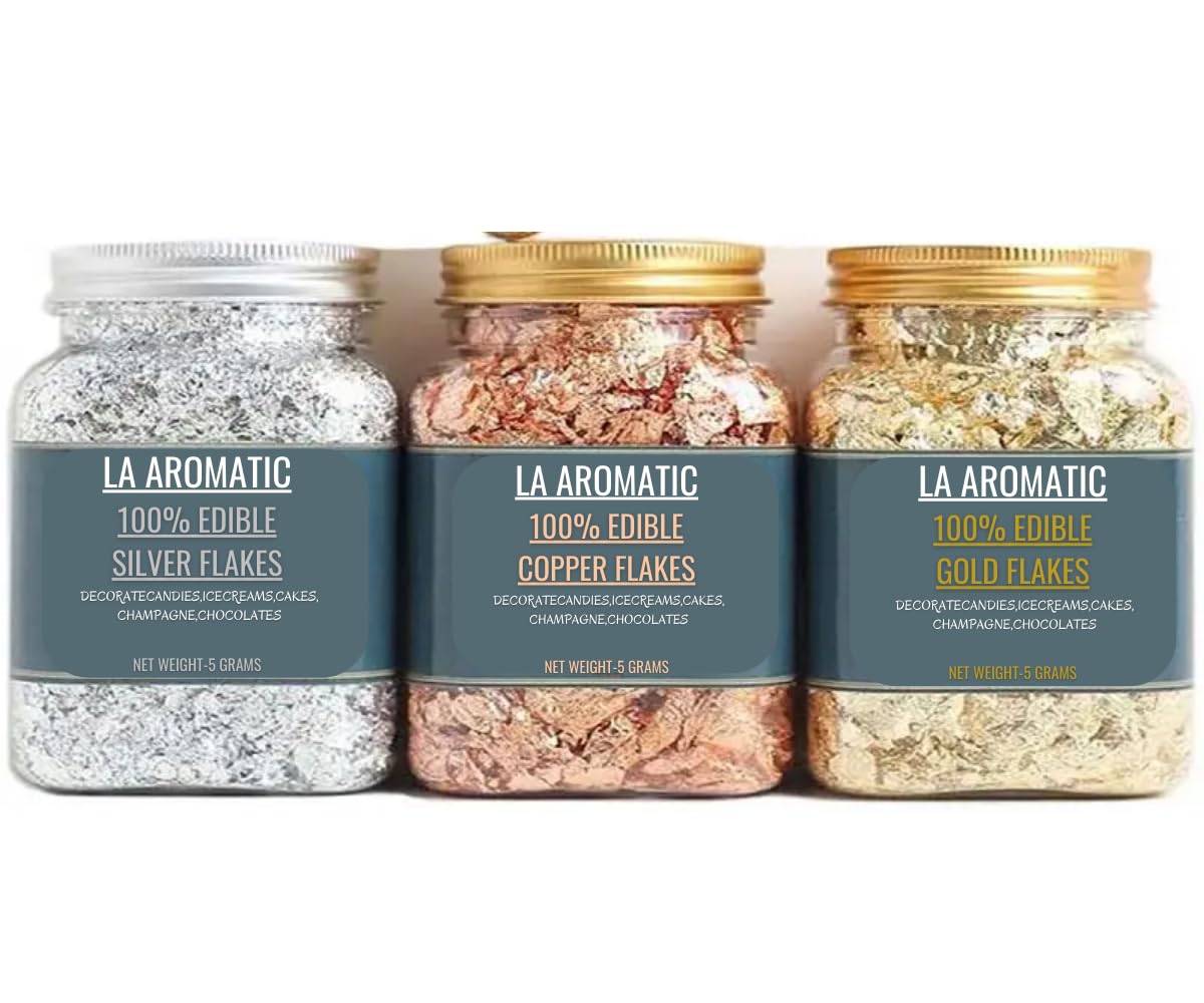 La Aromatic Professional Edible Flakes for Cake decoration/Baking Essentials Combo of Gold Flakes,Copper Flakes and Silver Flakes-Each 5 Grams Jar