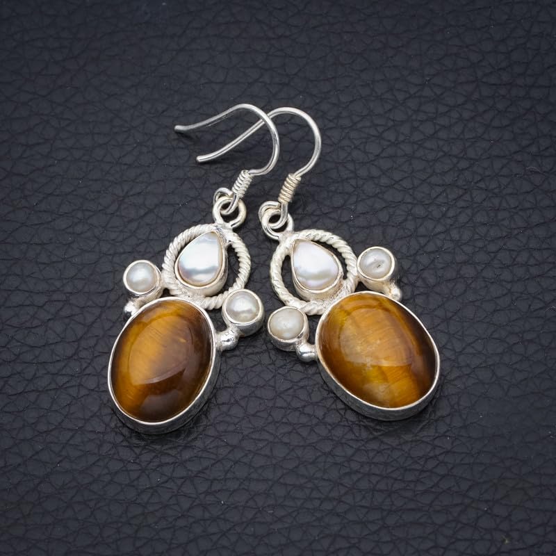 Boucles oeil de tigre et perle de rivière cadeau fait main F6669 - 2