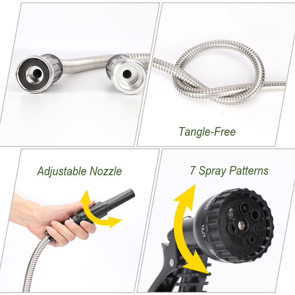 Tubo Da Giardino In Acciaio Inox 304 Da 7,6 M - Leggero E Flessibile, Con 2 Ugelli (7 Modalità + Pompiere), Antigroviglio, Resistente Ai Raggi UV