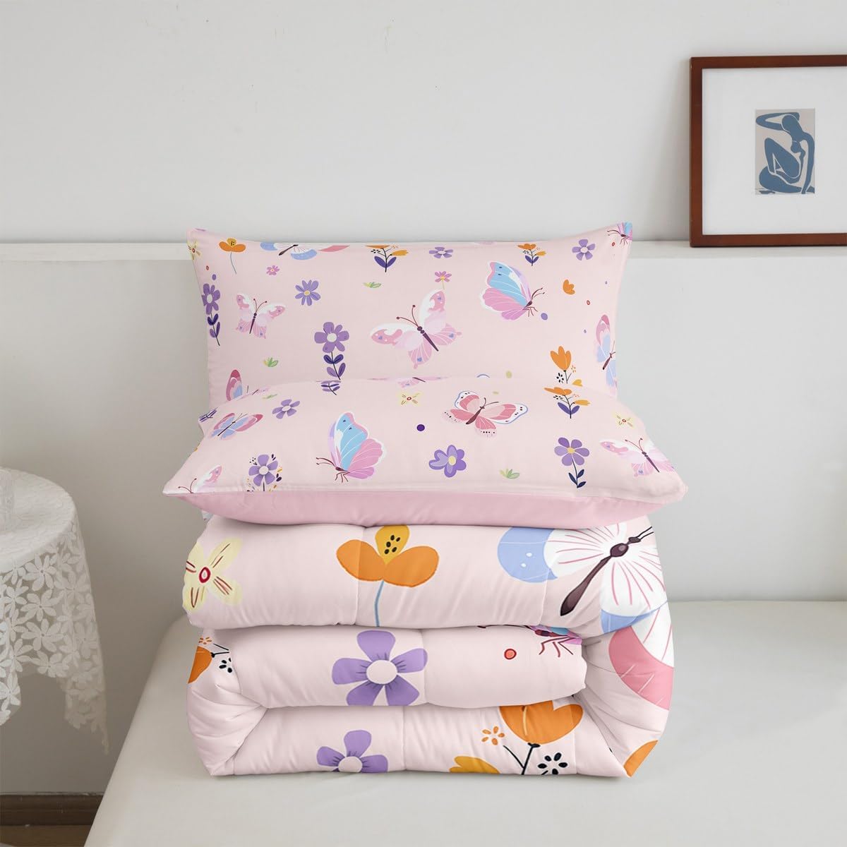 Erosebridal Cute Pink Floral King Bedding Set,Butterfly Kawaii Comforter Set for Girls Women,Flower Garden Comforter,Coquette Girly Flowers Bedroom Room Decor,2 Pillowcases All Season