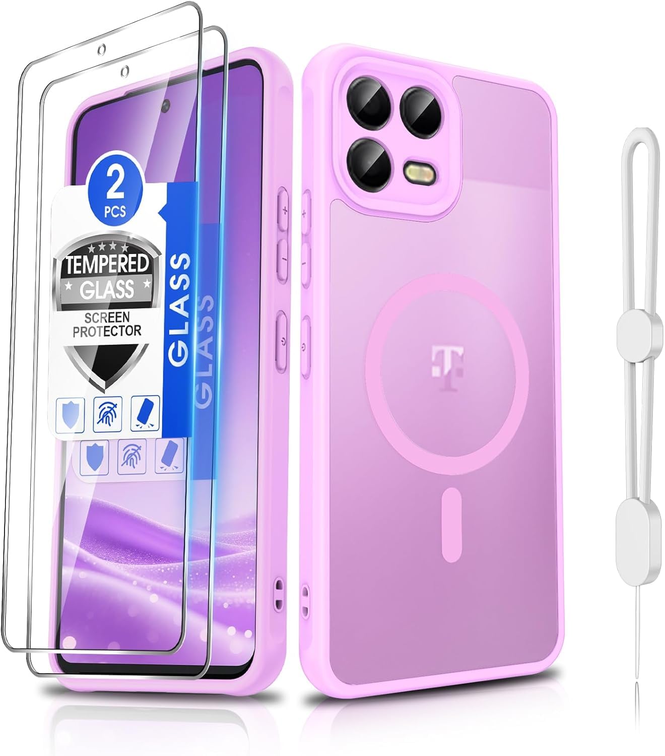 Dizn Magnetic for T-Mobile Revvl 8 Pro Phone Case with Tempered Glass Screen Protector, Compatible with MagSafe,with Strap, Matte Translucent &amp; Shockproof Cover Funda,for T-Mobile Revvl8 pro, Pink