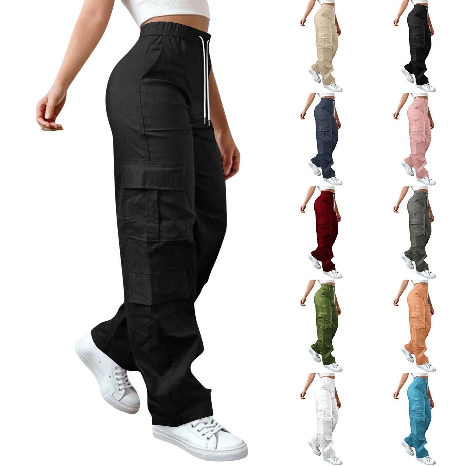 Cargo Pants Women High Waist Wide Leg Casual Baggy Elastic Drawstring Outdoor Hiking Track Pant Pockets Sweatpants