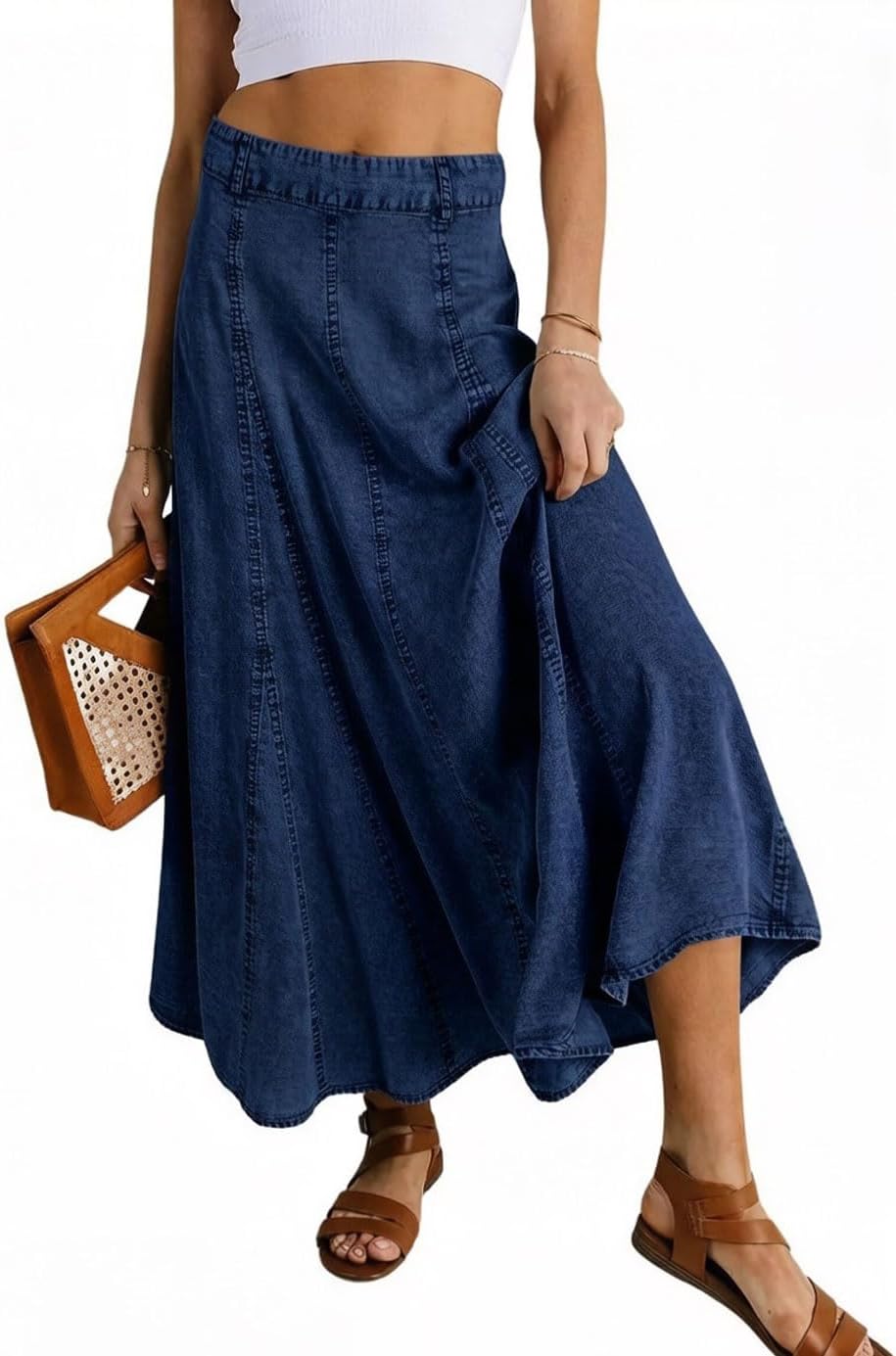 CHARTOU Women Vintage Long Denim Skirt Flowy Big Hem Slouchy Washed Jean Skirt