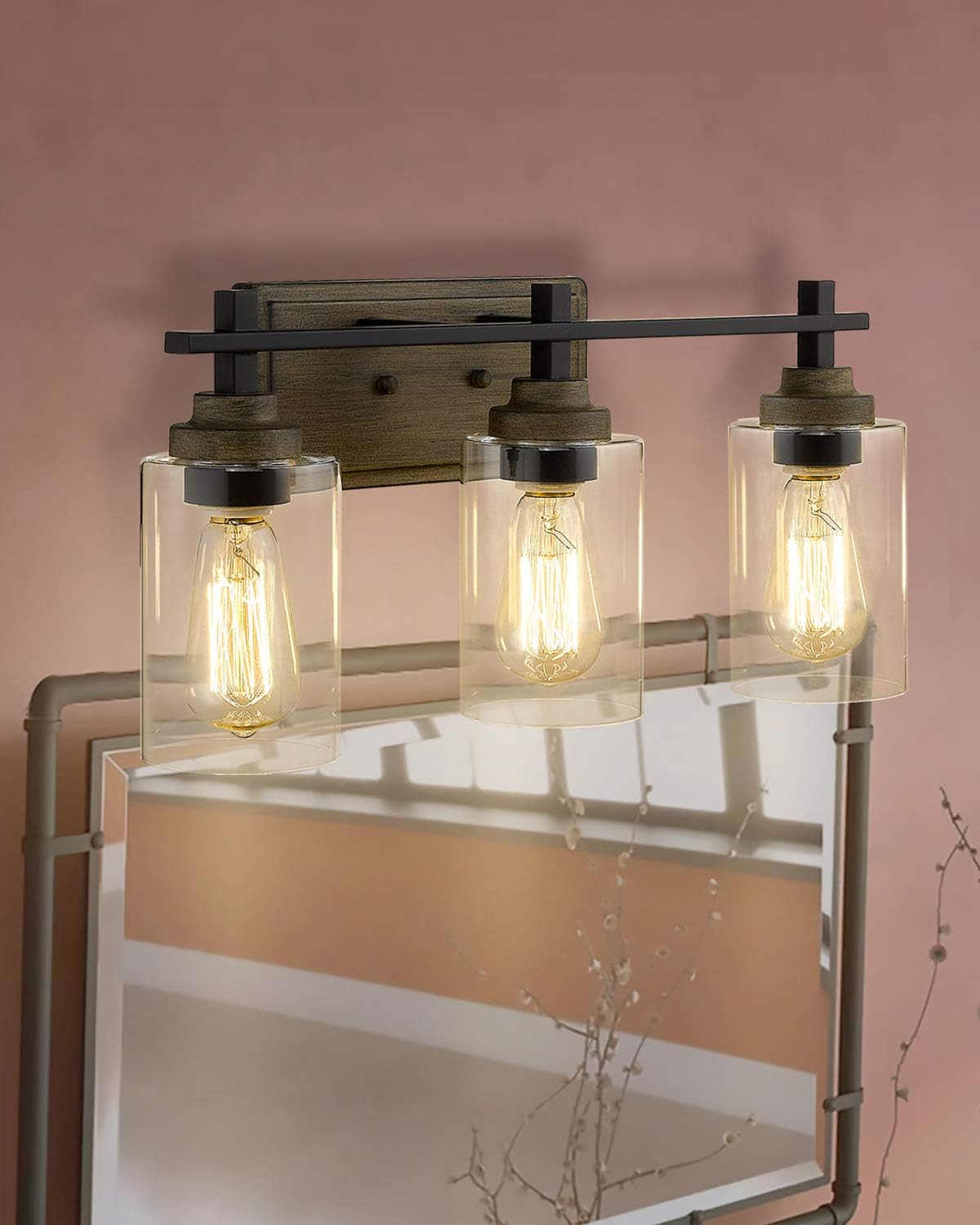 Lіmіtеd Stосk Osimir Farmhouse Bathroom Light Fixtures, 3-Light Vanity Lights Fixtures in Wood Paint and Matte Black Finish with Clear Cylinder Glass, 21 inch Bathroom Lights Over Mirror, WL9171-3 Chеареѕt 🛒 Osimir Farmhouse Bathroom Light Fixtures, 3-Light Vanity Lights Fixtures in Wood Paint and Matte Black Finish with Clear Cylinder Glass, 21 inch Bathroom Lights Over Mirror, WL9171-3