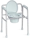 HOMLAND 3-in-1 Bedside Commode with Sturdy Dual-Crossbar Support Construction, Stable Commode Chair with 7.5Qt Bucket, 350 Lbs Weight Capacity, Grey