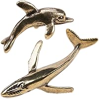 KOOBOOK 2Pcs Vintage Brass Dolphin & Whale Statue Set - Mini Sea Animal Figurines for Desk, Home Decor & Collectors