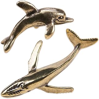 KOOBOOK 2Pcs Vintage Brass Dolphin & Whale Statue Set - Mini Sea Animal Figurines for Desk, Home Decor & Collectors