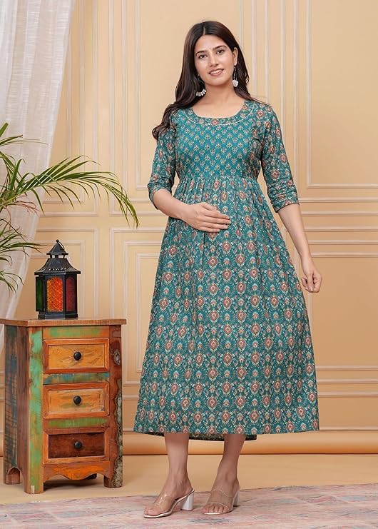 Anuom Women's Cotton Floral Printed Maternity Feeding Kurti with Zipper Maternity Gown for Women - Image 4