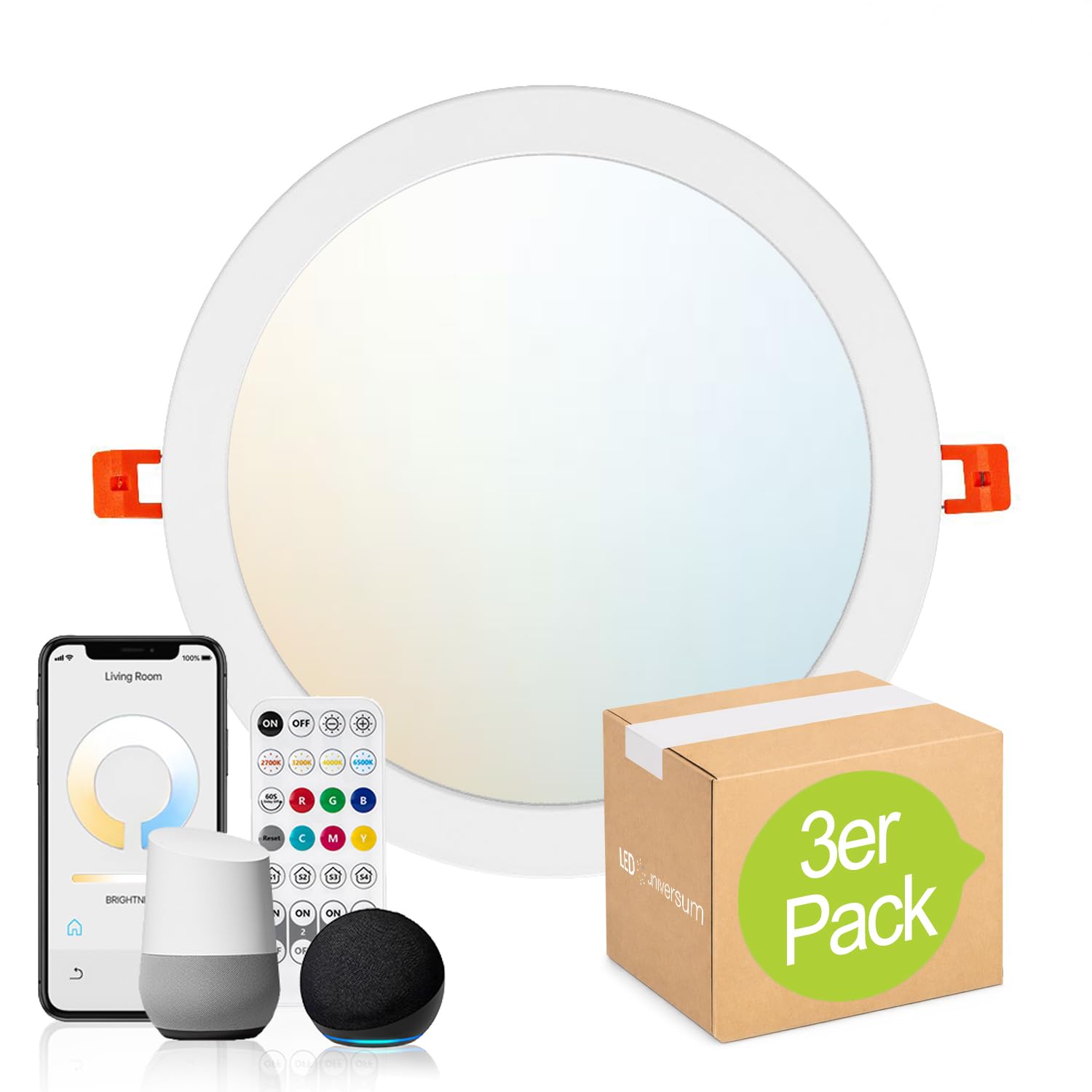3 Stück Smart Home Einbau-Deckenleuchte 18W dimmbar CCT 2700-6500K 1760lm rund Ø230mm, mit Fernbedienung, auch steuerbar über App/Smartphone, kompatibel mit Google Assistant® und Amazon Alexa®