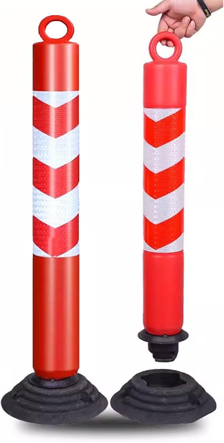 Heavy Duty Plastic Driveway Parking Bollards with Detachable Base, Reflective Tape Safety Barriers, Industrial Traffic Channelizer Post for Parking Space Protection
