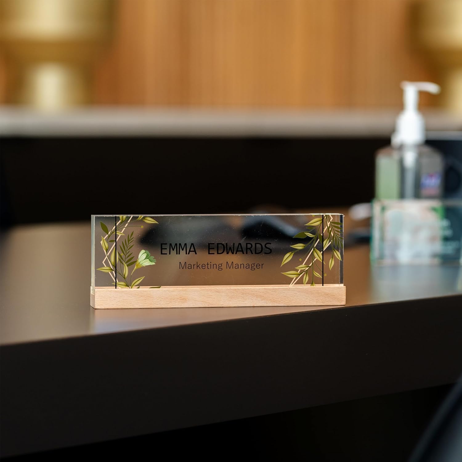 Office Desk Nameplate Personalized, Acrylic Desk Plaque with Wooden Base, Custom Desk Plaques Personalized Engraved, Desk Accessories for Women, Office Gifts for Employee (Flowers 1) - Image 6