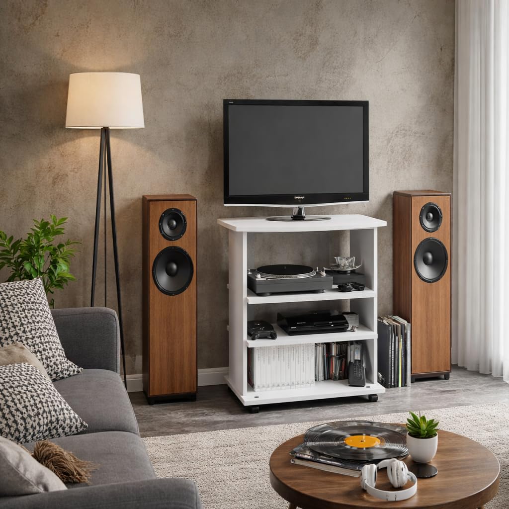 Linea Azzurra Carrello Porta TV Elide Rotelle e Ripiani in Legno Made In Italy per Soggiorno Adatto a Ogni Esigenza di Arredo (Bianco frassinato)