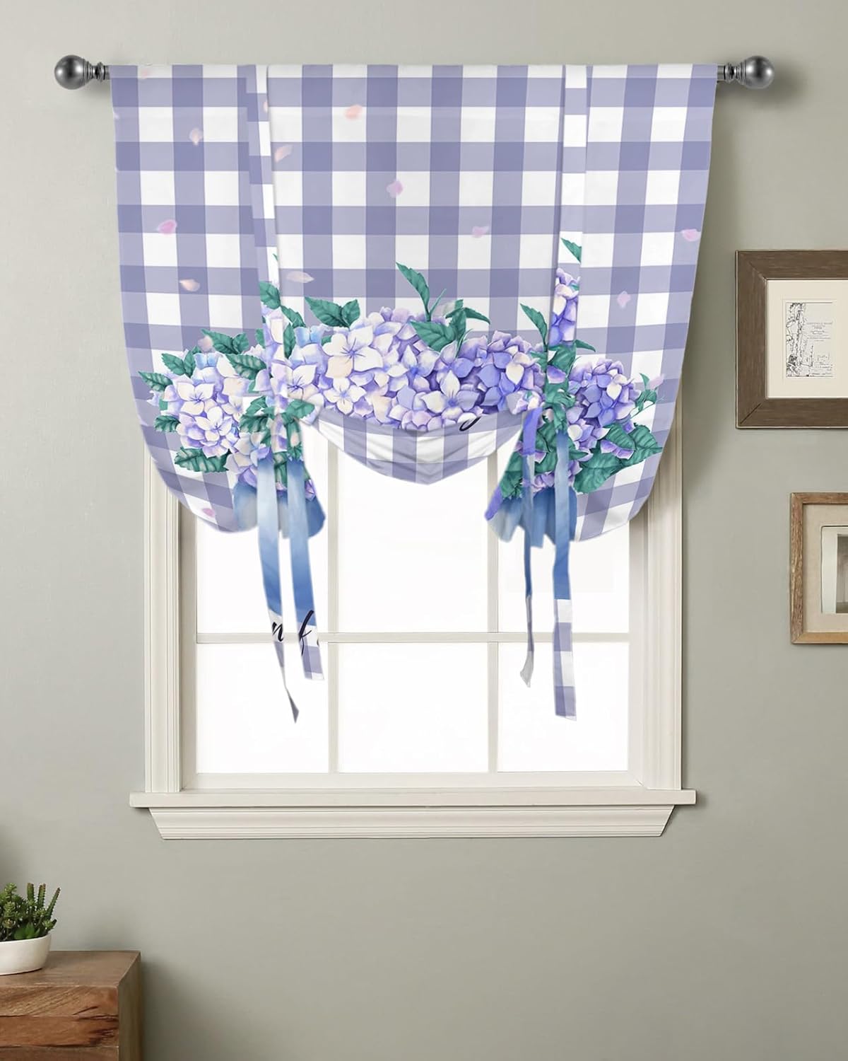 Tie Up Window Shade Curtain Farm Country Hydrangea Flower Kitchen Adjustable Balloon Curtains Shades Drape 52x63In for Living Room/Bedroom/Cafe Windows Watercolor Floral Purple Check