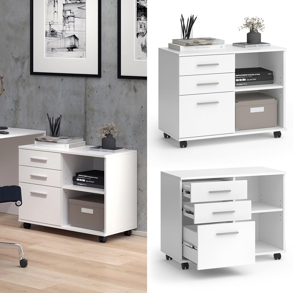 Vicco Piedistalli mobili Delf, Bianco, 40 x 80 cm con 3 cassetti, utilizzabile in modo flessibile con ruote per un facile cambio di posizione