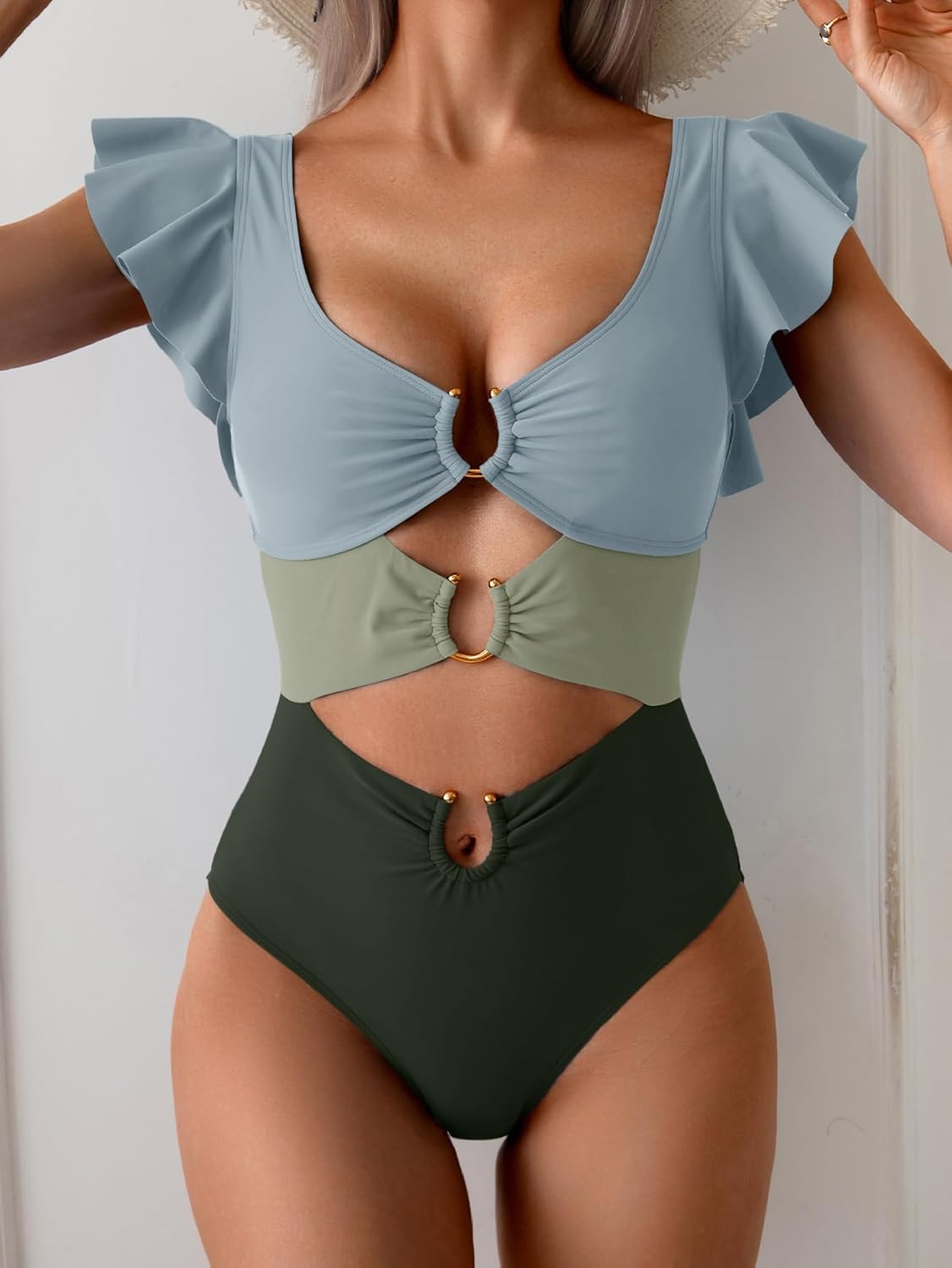 B2prity Women One Piece Swimsuit Ruffle Sleeve V Neck Monokini Cutout Tummy Control Bathing Suit for Vacation - Image 5