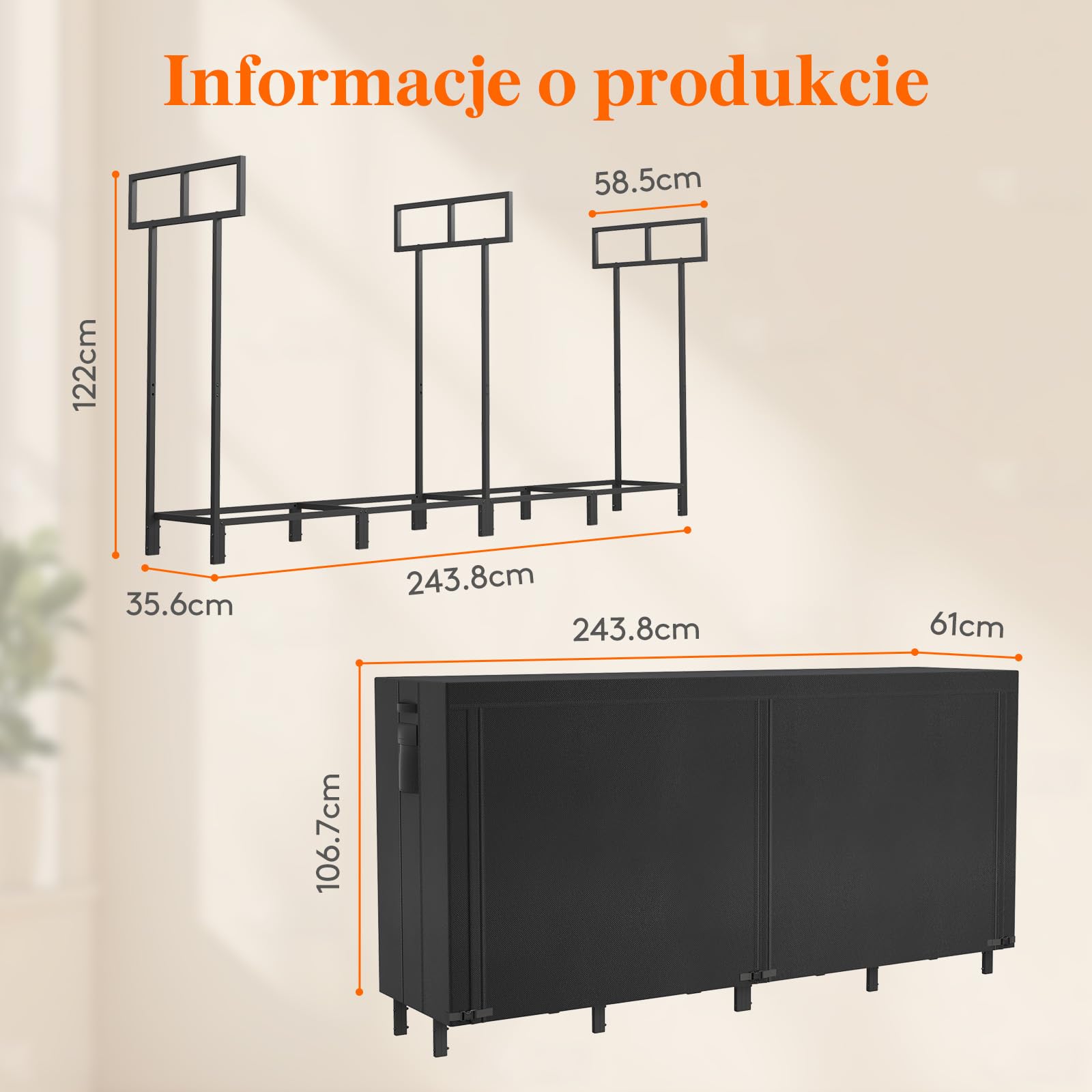 Lifewhite Drewniane Pudełko do Przechowywania Wewnątrz, 243.8×58.5×122cm Drewna Opałowego na Zewnątrz z Wodoodporną Pokrywą Boczna Kieszeń Wnętrz, Czarna