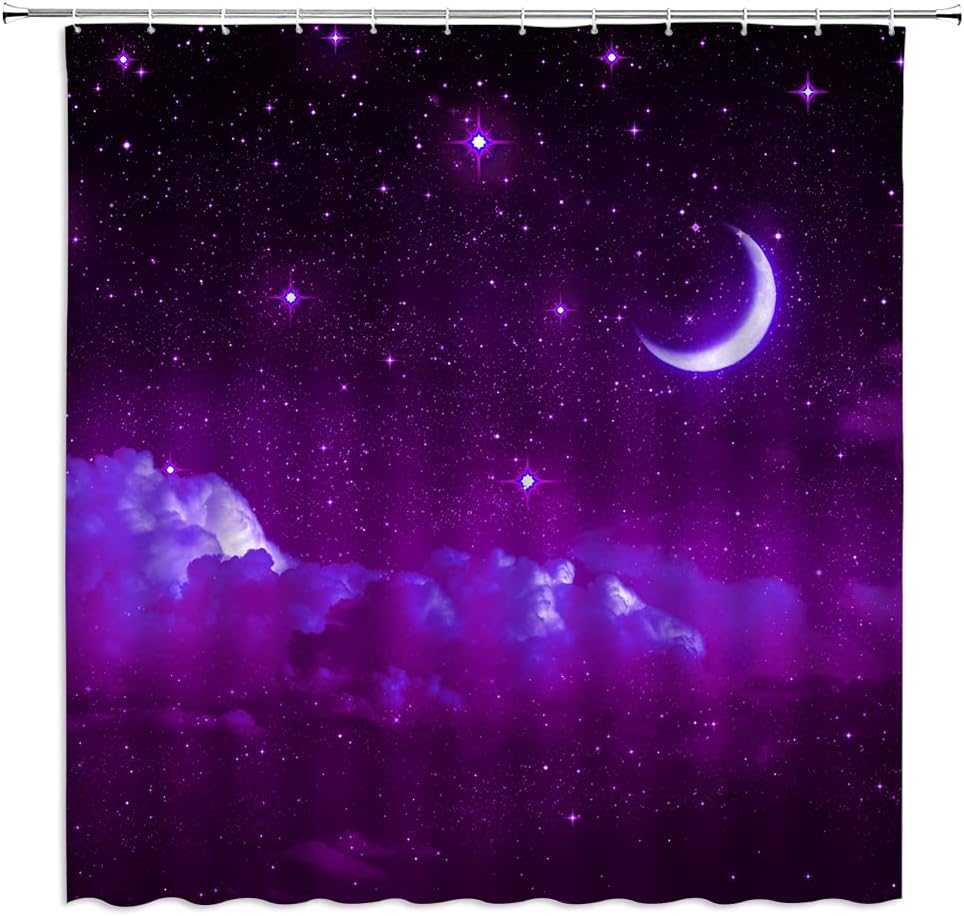 AMFD Moon Starry Shower Curtain Fantasy Night Sky Cloud Galaxy Romantic Starry Black Purple Bathroom Curtains Decor Polyester Fabric Include Hooks(70" Wx74.8 H)