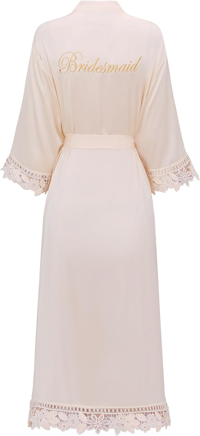 Women's Lace Trim Long Satin Kimono Bridal Robes for Bride and Bridesmaid - Wedding Gifts