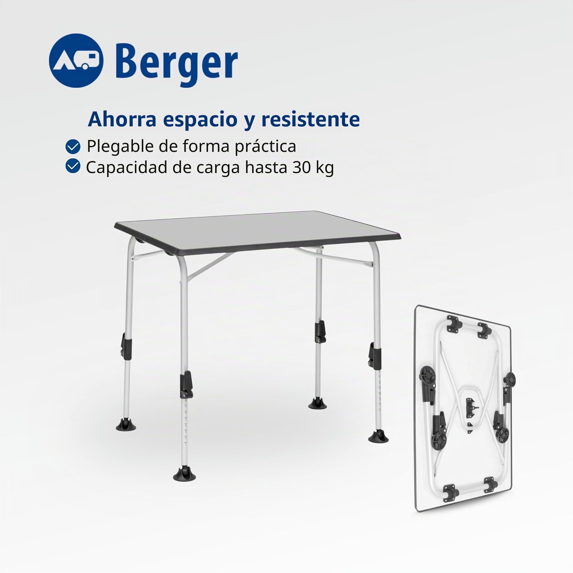 Berger Mesa plegable de camping de aluminio y madera MDF | Mesa de jardín, para exterior o interior, regulable en altura | Ivalo I 80x60 cm
