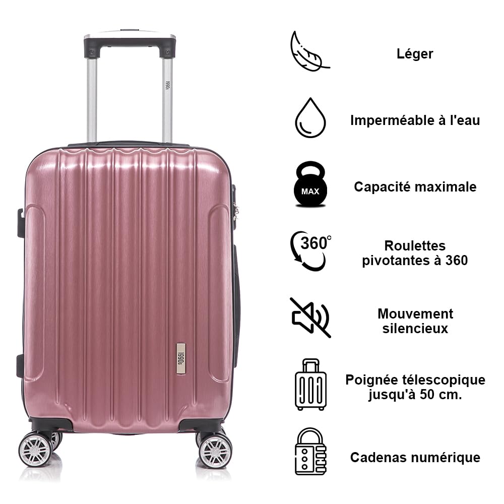 1990s Set de 3 valises de Voyage Cabine 55x39x21cm (45L), Moyenne 65cm, Trousse de Toilette, Valise Rigide Polycarbonate - Or rosé