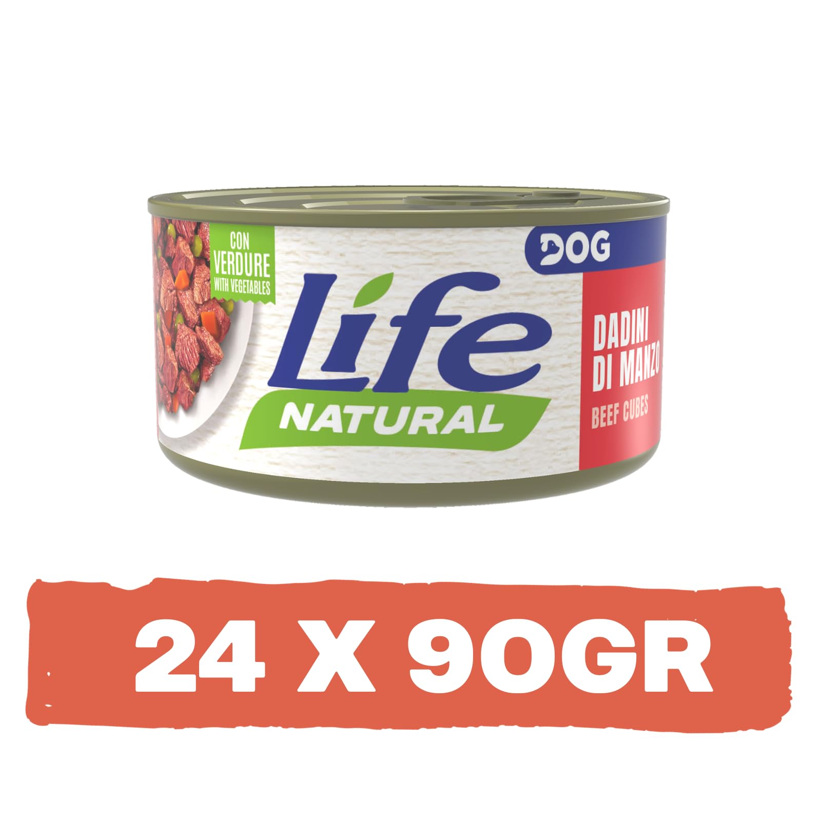 Life Natural Dog Cibo Umido per Cani – Naturale, Grain Free, Senza Additivi, Cotto al Vapore, Ricco di Proteine – Lattine da 90 g – Confezione da 24 (Manzo con verdure)