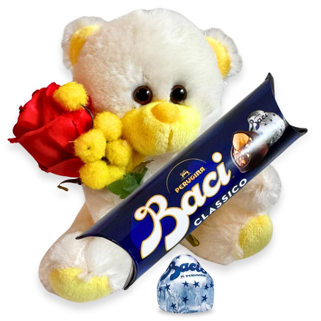 NARAMAKI® Idea Regalo Uomo Donna - Orsacchiotto Giallo + Rametto Mimosa + Rosa Artificiale + Baci Perugina 37,5gr | Regalo Compleanno