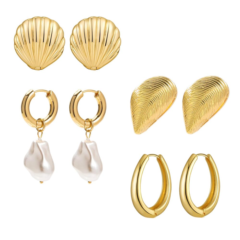 Earring for Women Seashell Earrings Ocean Conch shell Earrings set Cute Pearl Earring Clip on Everyday Earring for Women