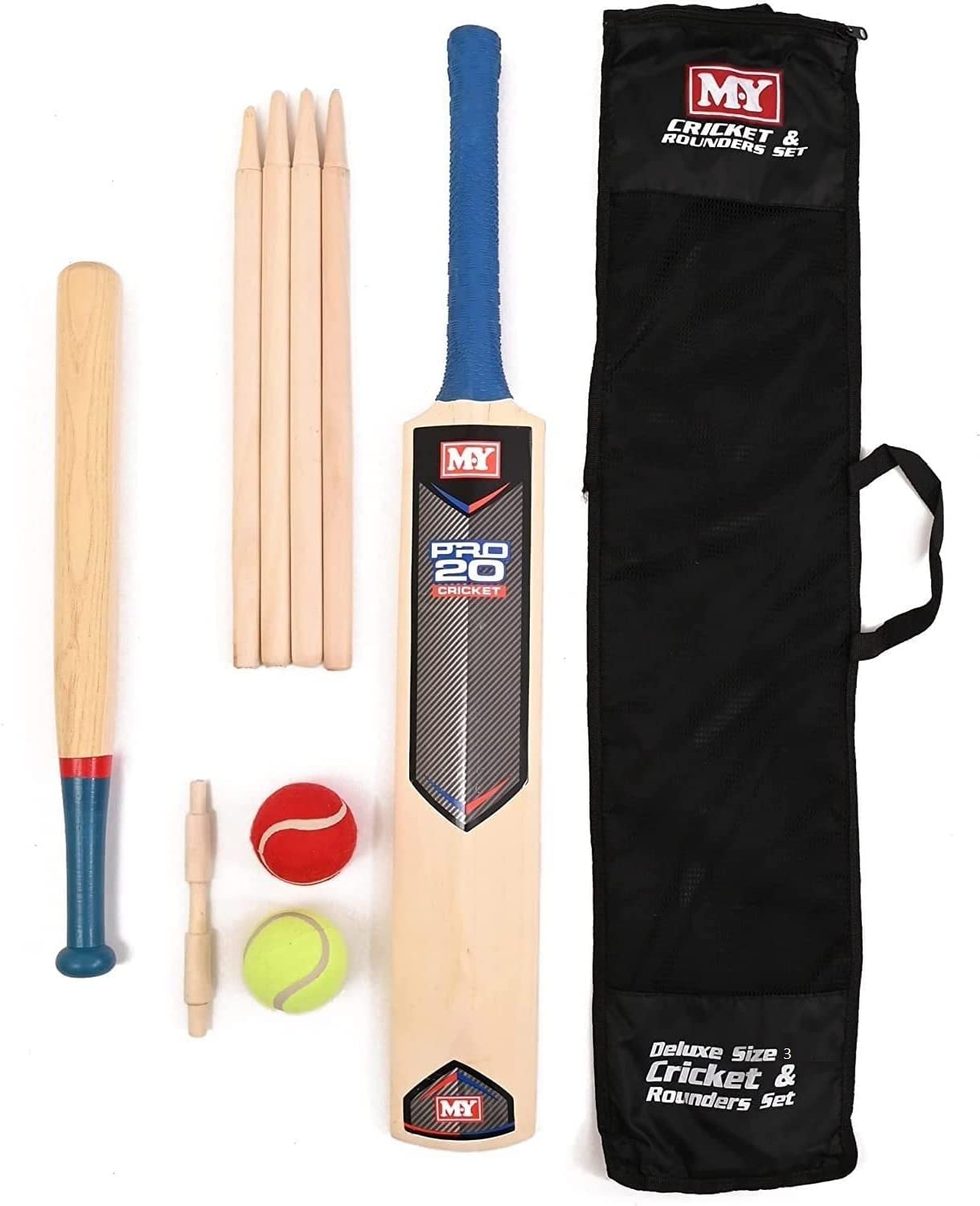 VIVAAS 2-in-1 Size 3 Cricket Bat & Rounders Complete Set With Mesh Carry Bag Outdoor Games Fun for all the family Suitable For Both Children And Adults To Use