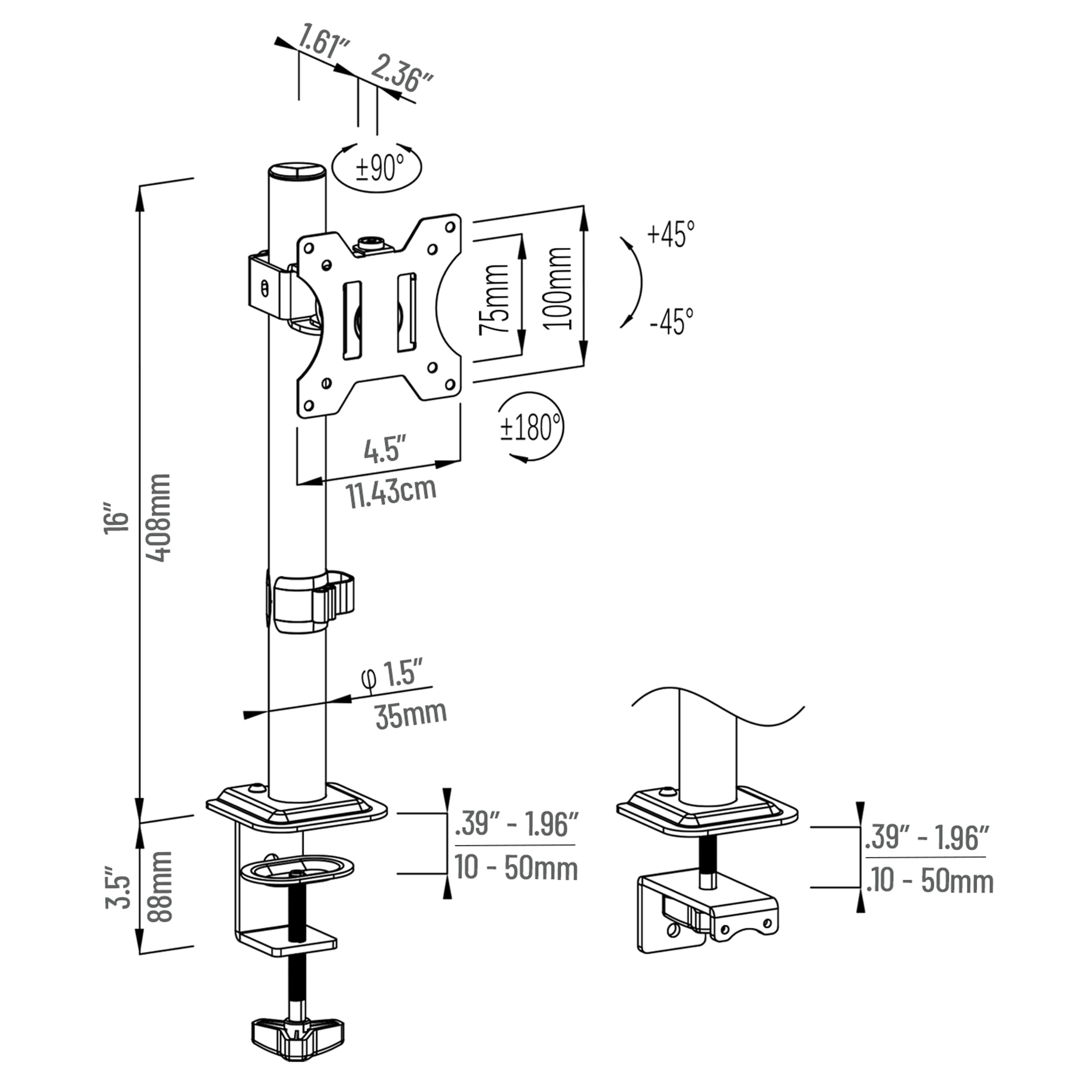 Mind Reader Supporto da scrivania per monitor singolo per schermi da 13"-32", VESA 75x75/100x100, rotazione di 180°, orientabile a ±90°, inclinazione ±45°, capacità di carico 8 kg, gestione dei cavi