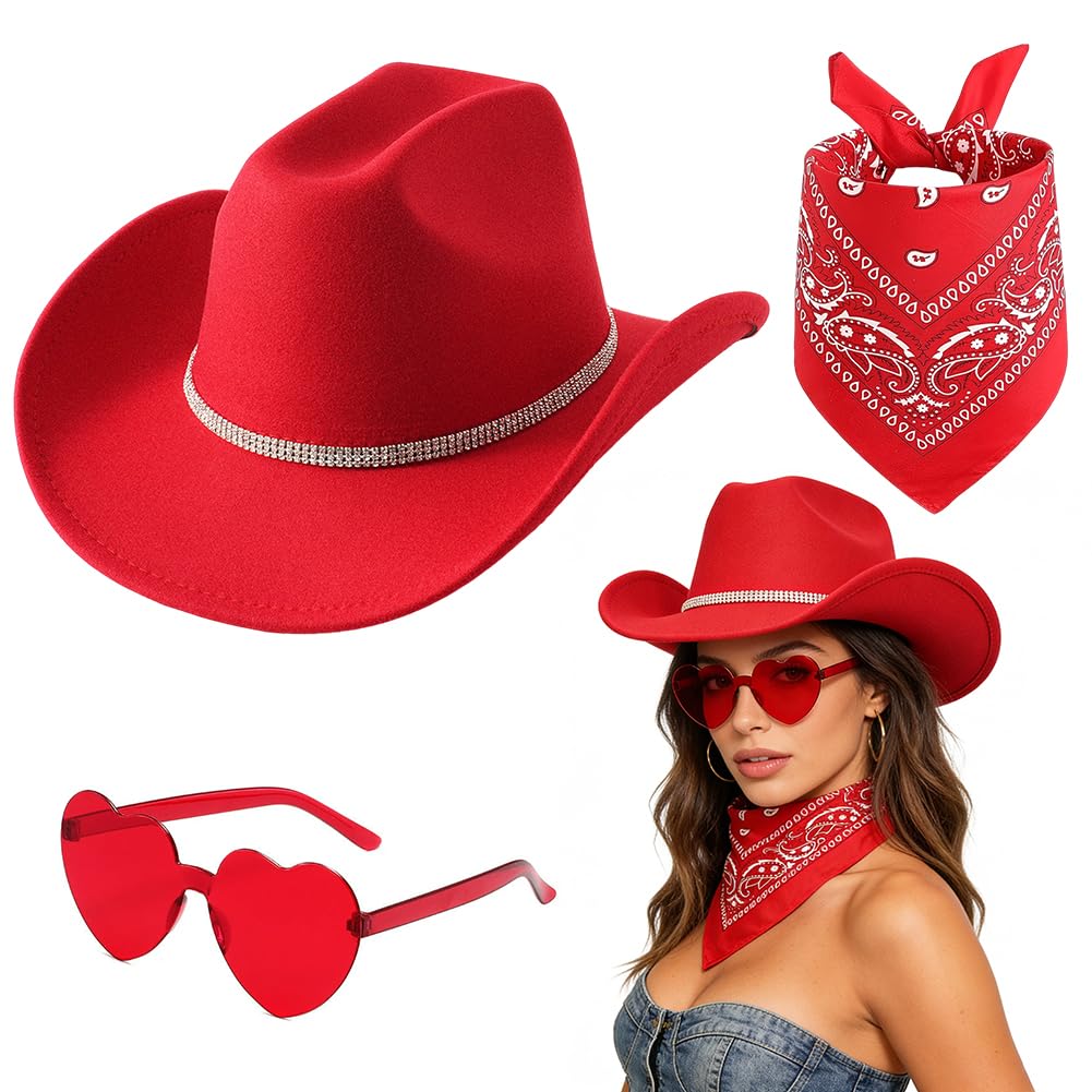 FCXVXCL Sombrero Vaquera 3 Piezas Sombrero de Vaquero Accesorios Sombreros Vaquero del Oeste Traje Sombreros Vaquera con Pañuelo Cuadrado y Gafas para Disfraz Vacaciones Fiesta — view 13