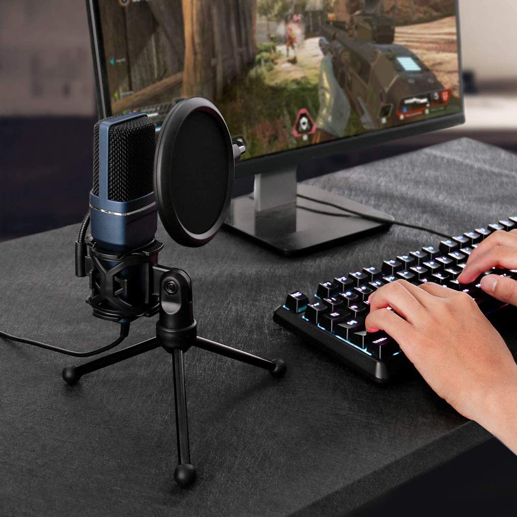 Microfono per PC, Microfono a condensatore USB per PC/Laptop Plug & Play con Filtro Anti-Pop a Doppio Strato e Supporto per treppiede per Registrazione in Studio, Trasmissione e gi,Blue