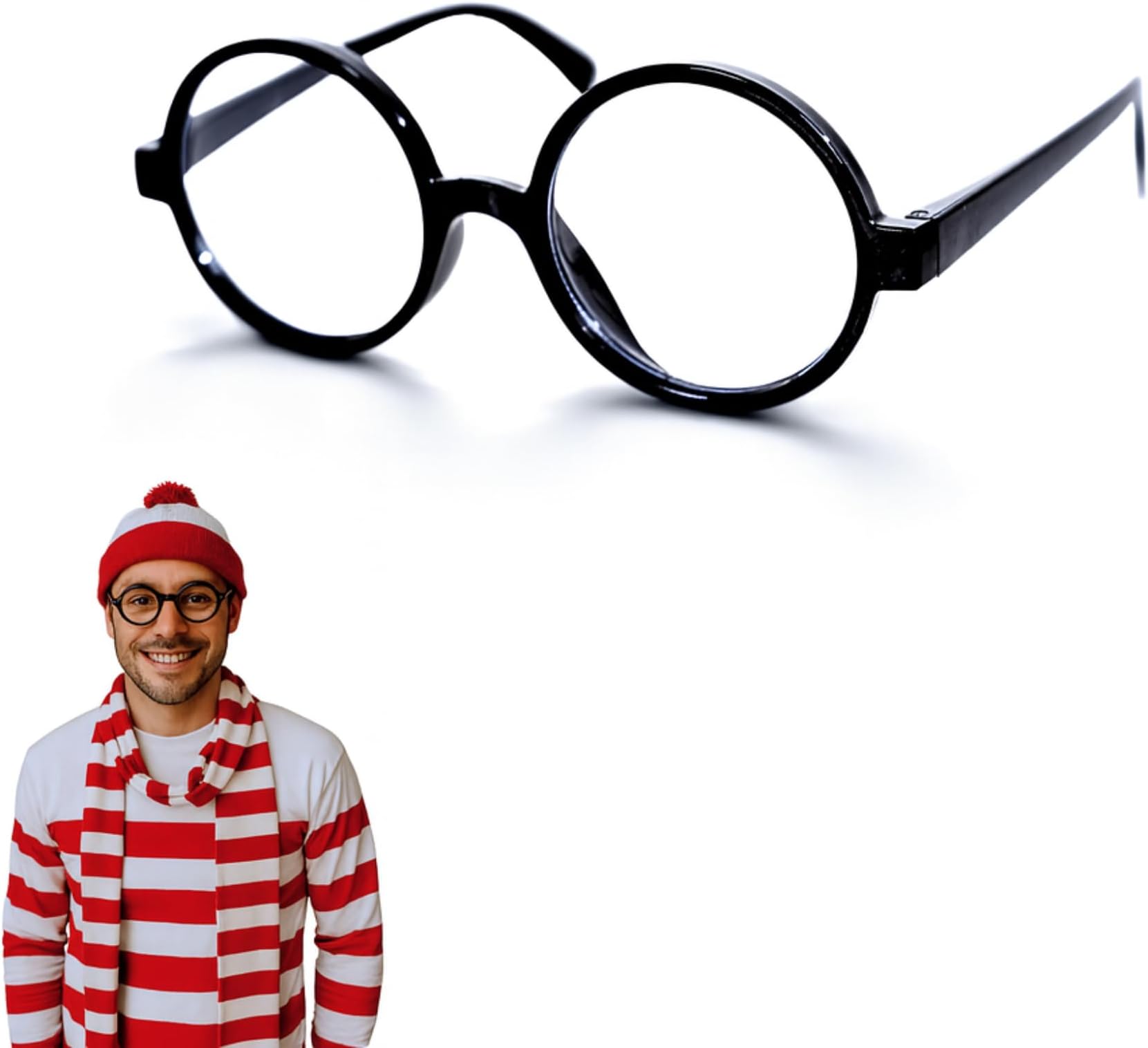 Wheres Waldo Costume Round Glasses for Men & Women - Fake Nerd Glasses Novelty Costume - Black Circle Cosplay Round Eyeglasses Disguise for Harry Potter, Minion, Scientist Character Outfit Accessory