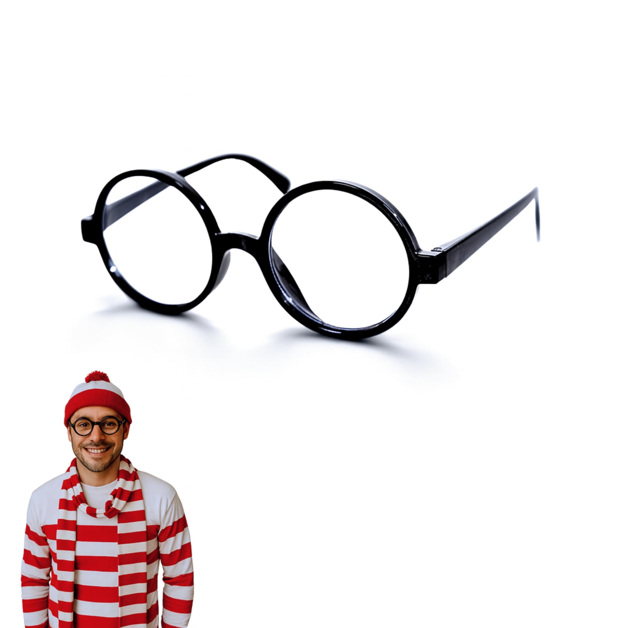 Wheres Waldo Costume Round Glasses for Men & Women - Fake Nerd Glasses Novelty Costume - Black Circle Cosplay Round Eyeglasses Disguise for Harry Potter, Minion, Scientist Character Outfit Accessory
