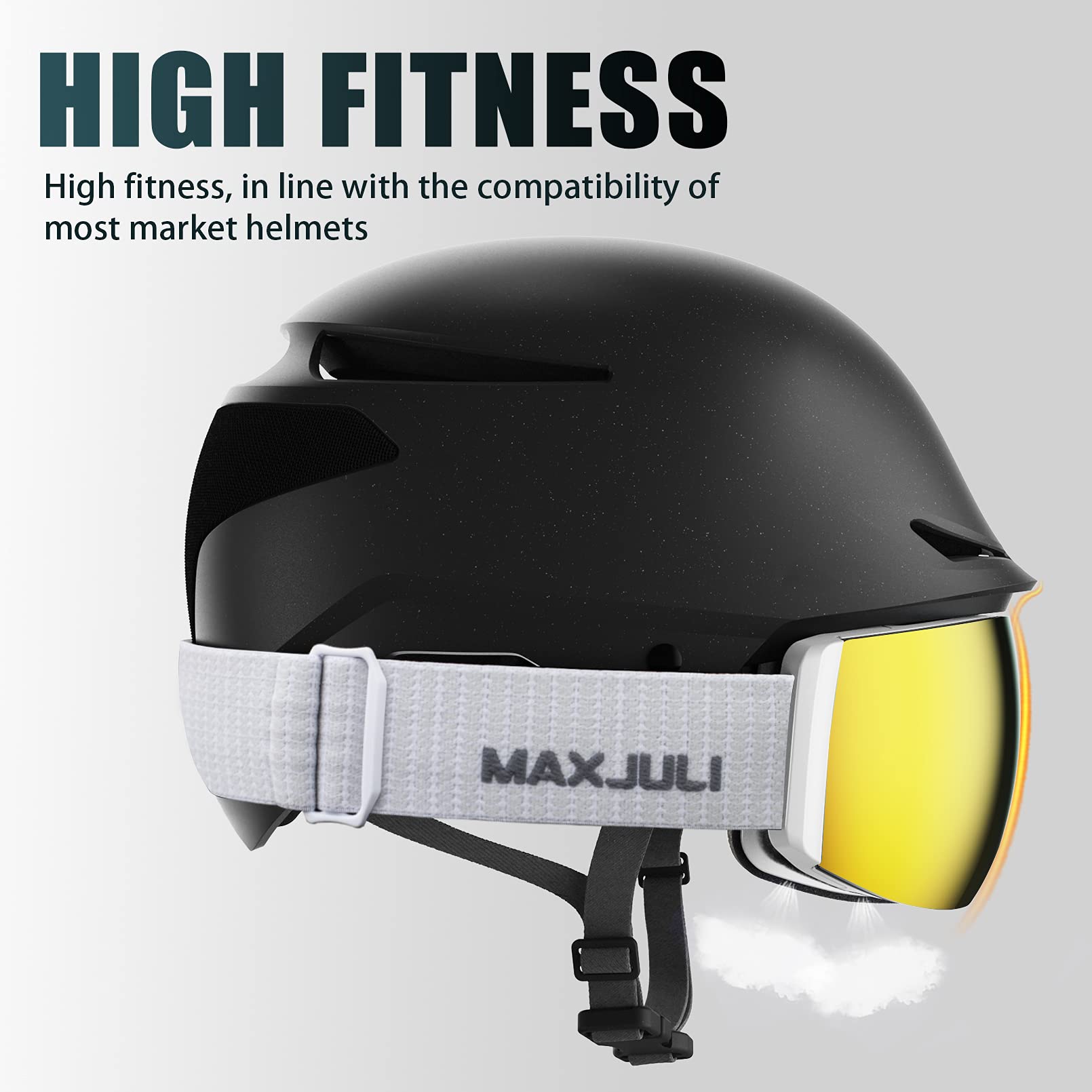 MAXJULI Skibrille für Herren und Damen, OTG-Schneebrille mit magnetischem, austauschbarem Anti-Beschlag-HD-Objektiv, UV-Schutz (weißer Rahmen/goldene Gläser)