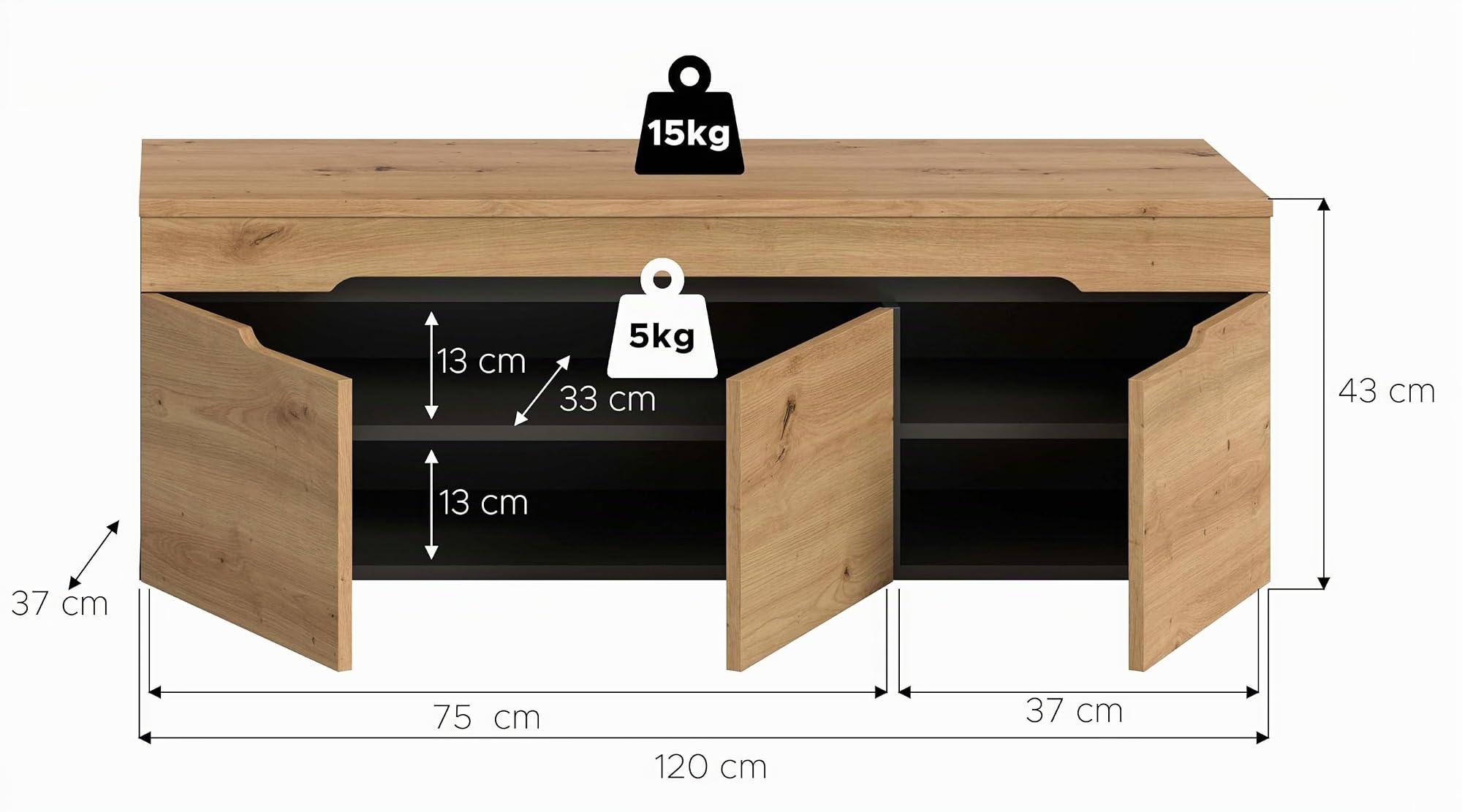 xonox.home – Sitzbank Canu 120x43x37 cm in Artisan Eiche und Basalt grau – Schuhbank mit 3 Türen, 4 Fächern & verstellbaren Böden – Bietet Platz für ca. 10 Schuhpaare & eine stabile Sitzfläche im Flur