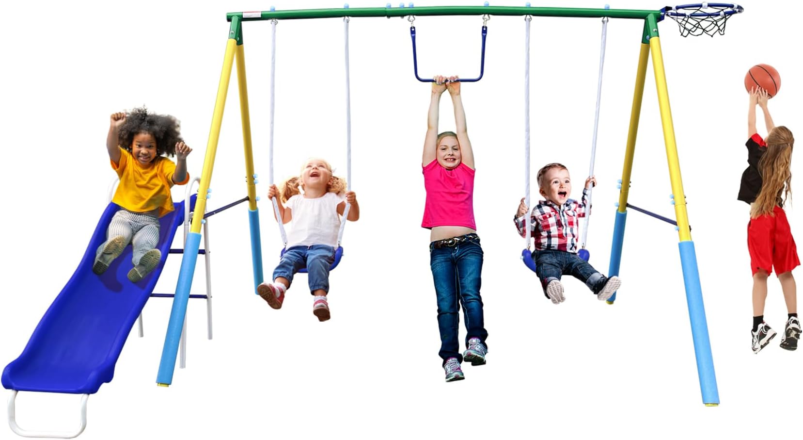 5-in-1 Swing Sets for Backyard for Kids 3-8, Tree Swings for Kids Outdoor with Slide, Basketball Hoop, Two Swing Seats and Gymnastics Rings