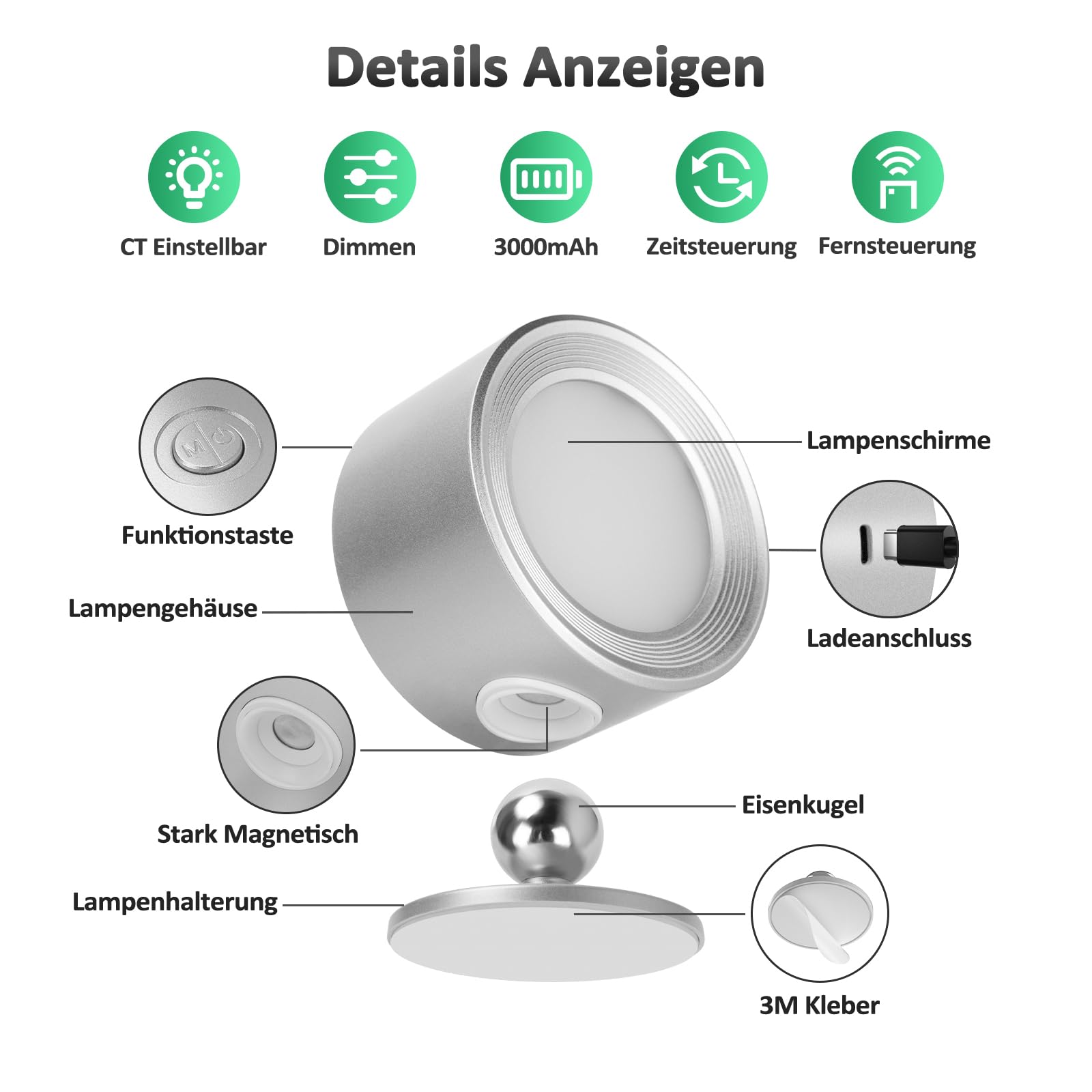 LED Wandleuchte Innen, 3 Stück Wandlampe Akku mit Fernbedienung, 3 Farbmodi Kabellos Wandlichter Lampen ohne Strom, 360° Drehbare Nachttischlampe Strahler für Kinderzimmer Schlafzimmer Wohnzimmer