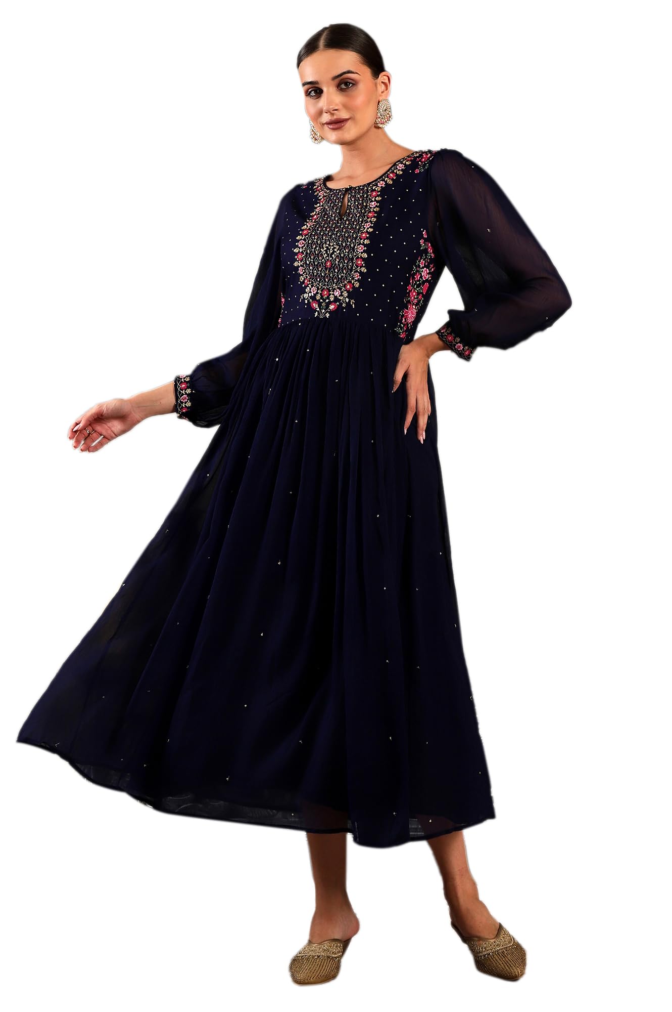 w for woman Women Fit and Flare Ankle Length Embroidered Gathered Dress-picture-44