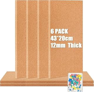 6 Stück Selbstklebende Kork-Borad, 12mm Dicke Korkfliesen, Wände Pinnwandstreifen für Büro, Fotos, Zeichnungen und Bilder – Braun (43 x 20 cm)