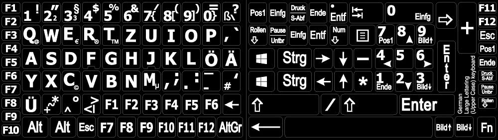 GERMAN LARGE UPPER CASE KEYBOARD STICKERS NON-TRANSPARENT ON BLACK BACKGROUND FOR DESKTOP, LAPTOP AND NOTEBOOK