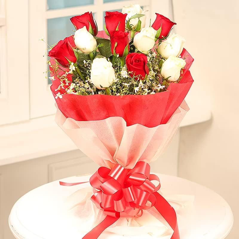 FlowerAura Fresh Live Flower Bouquet of 12 Red & White Roses Flowers For Birthday Gift, Anniversary Gift, Wedding Gift, Congratulations Gift & Gift For Special Occasions (Same Day Delivery)-image-28