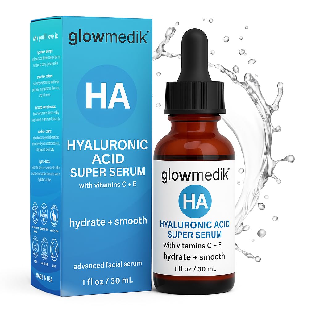 Glowmedik Hyaluronic Acid Serum for Face with Vitamin C & E - Advanced Hydrating Face Serum for Dry Skin, Fine Lines & Wrinkles - Vegan Facial Moisturizer for Women 1 fl oz 30ml