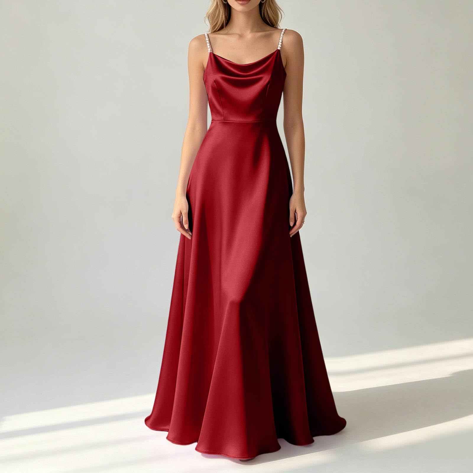 Trägerkleid Damen Abendkleid Satin Perlenbesatz Wasserfallausschnitt