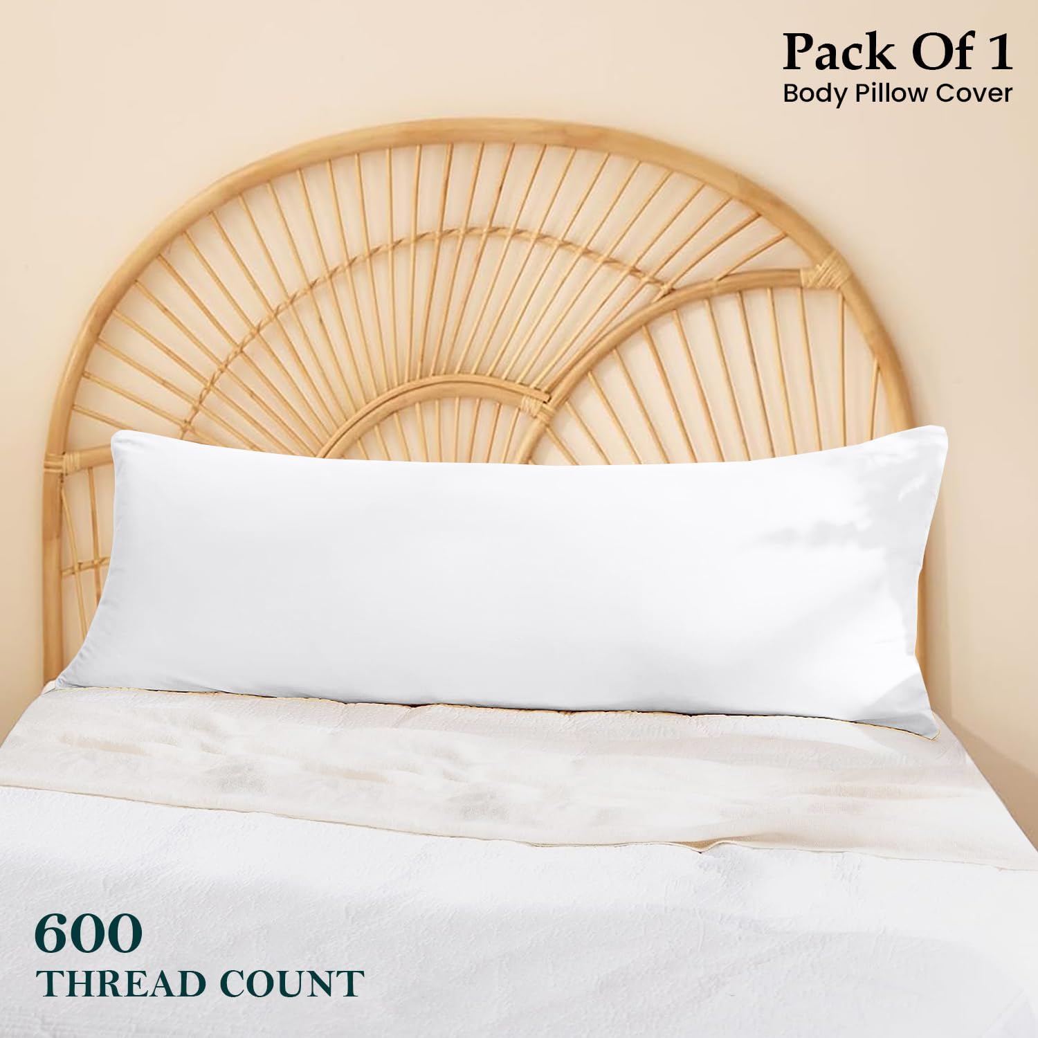 Body Pillow Cover 20x60 White 600 TC 100% Egyptian Cotton