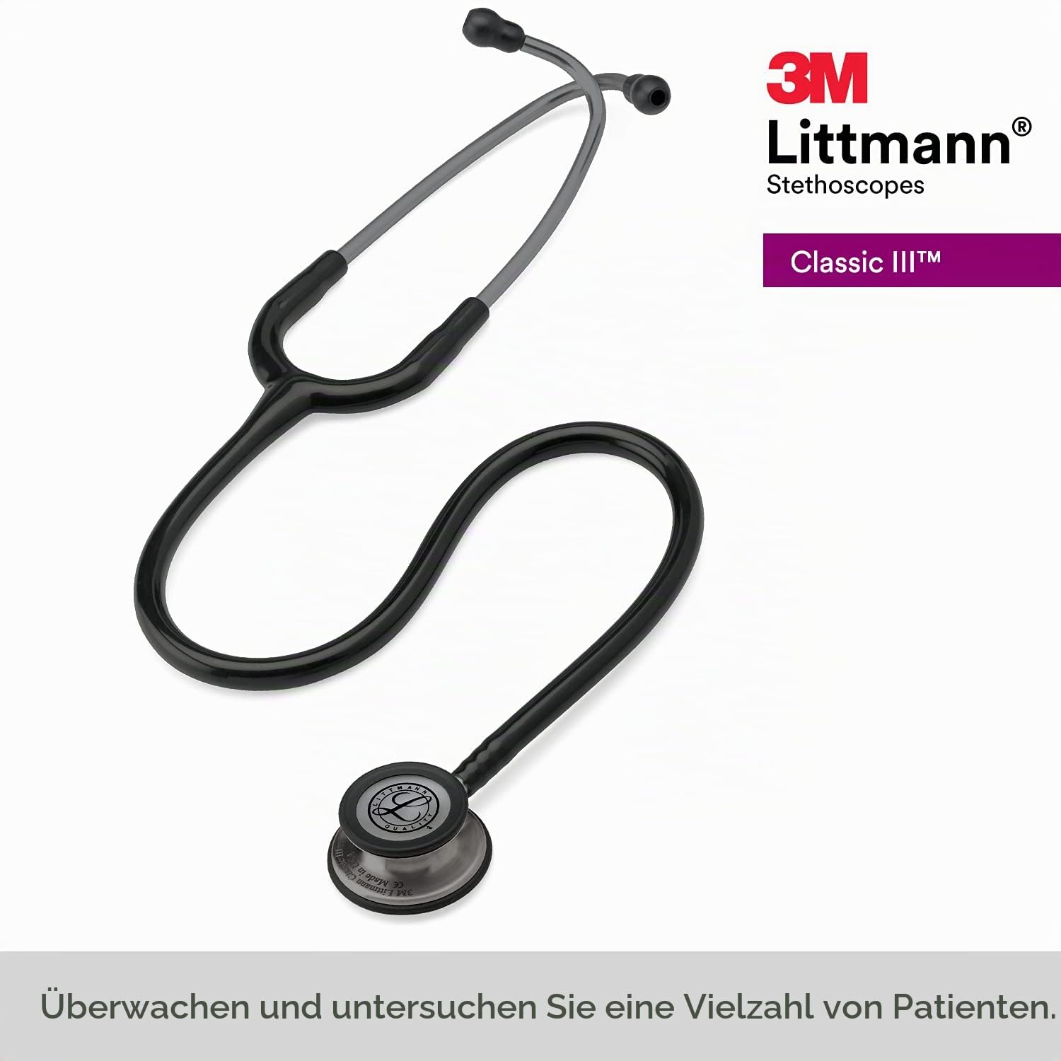 3M Littmann Classic III Stethoskop zur Überwachung, Smoke-Finish Bruststück, schwarzer Schlauch, 69 cm, 5811 & 3M Littmann Stethoskop-Namensschild, Schwarz, 40007