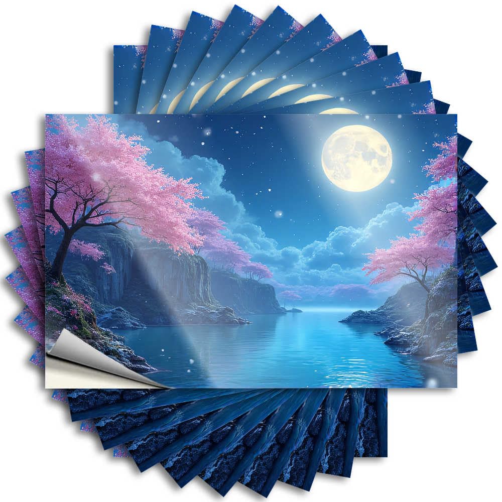 Abipuir Decals for Cars Full Moon Over Serene Lake with Cherry Blossoms Stickers 10Pcs Sign Decor Bar Rules Sign(8X12CM)