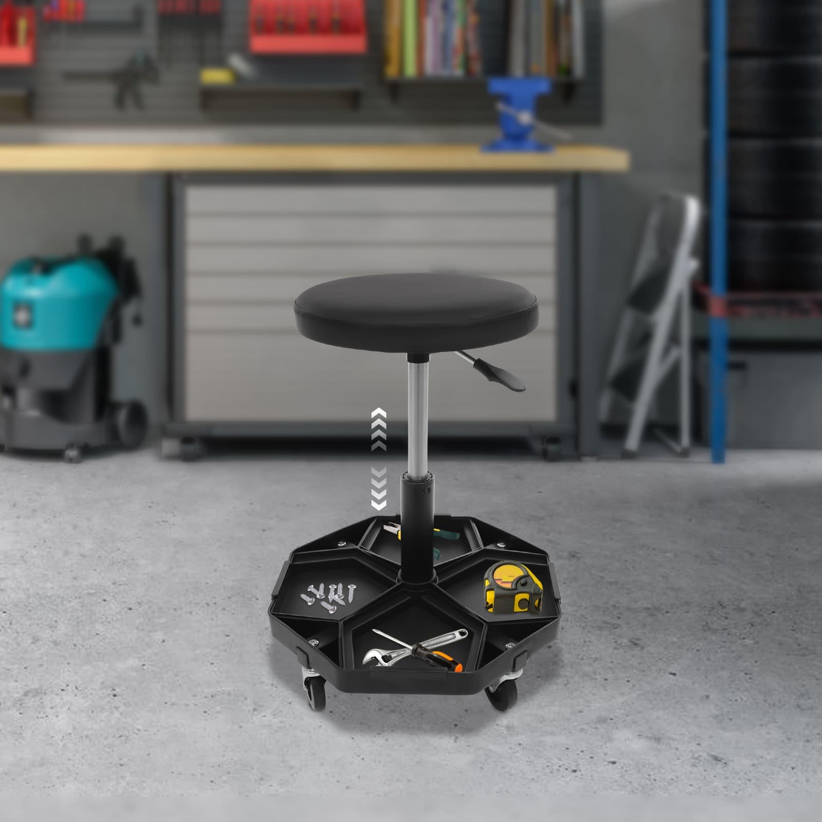 Sgabello da officina con ruote, altezza regolabile da 45 a 61 cm, con vassoio per attrezzi, per meccanici, garage, fai da te (nero)