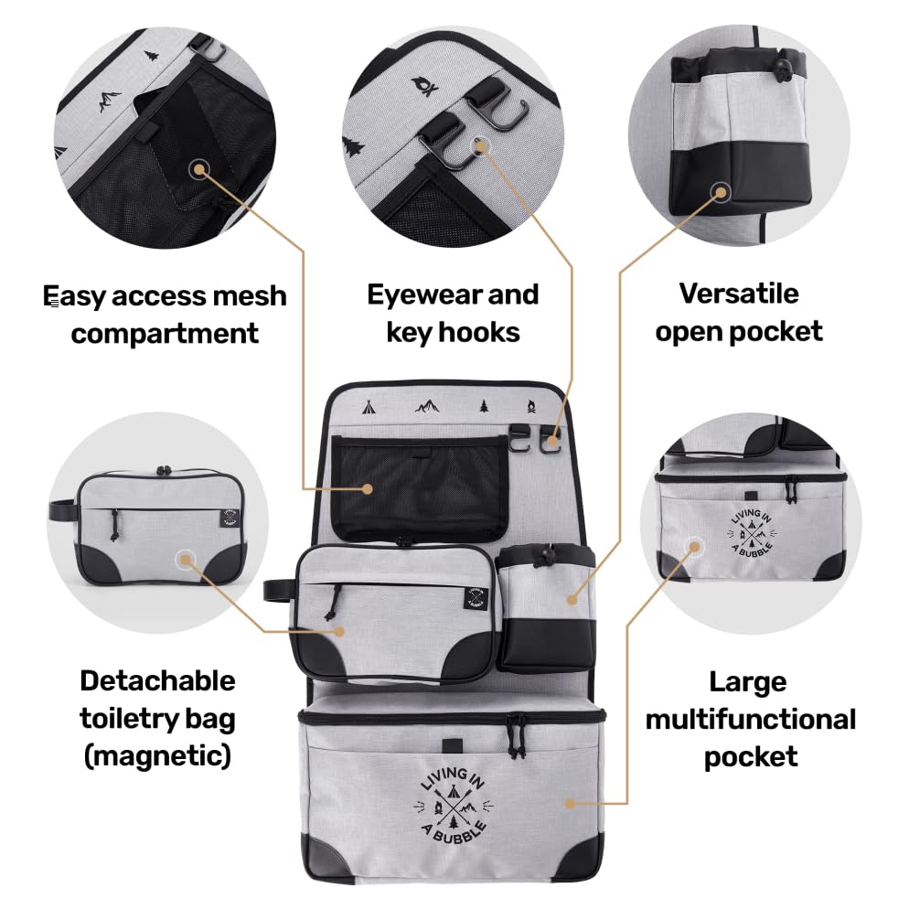Image of Living in a Bubble Seat back Organizer - Magnetic Toiletry and Cooler Pouch, Cordura Car Backseat Storage with Device Holder & Hooks, Multi-Compartment Utility Bag for Campervans & Family Travel
