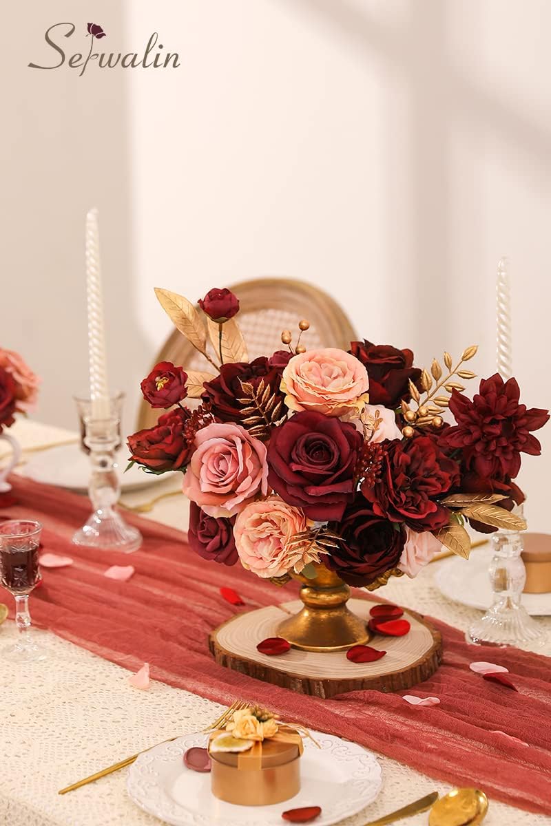 Serwalin 2Pcs Artificial Flowers Burgundy Pink Fake Flowers for Bridal Bouquets Wedding Decorations Cake Flowers for Home Party Table Centerpieces Arrangements Decor Indoor Outdoor