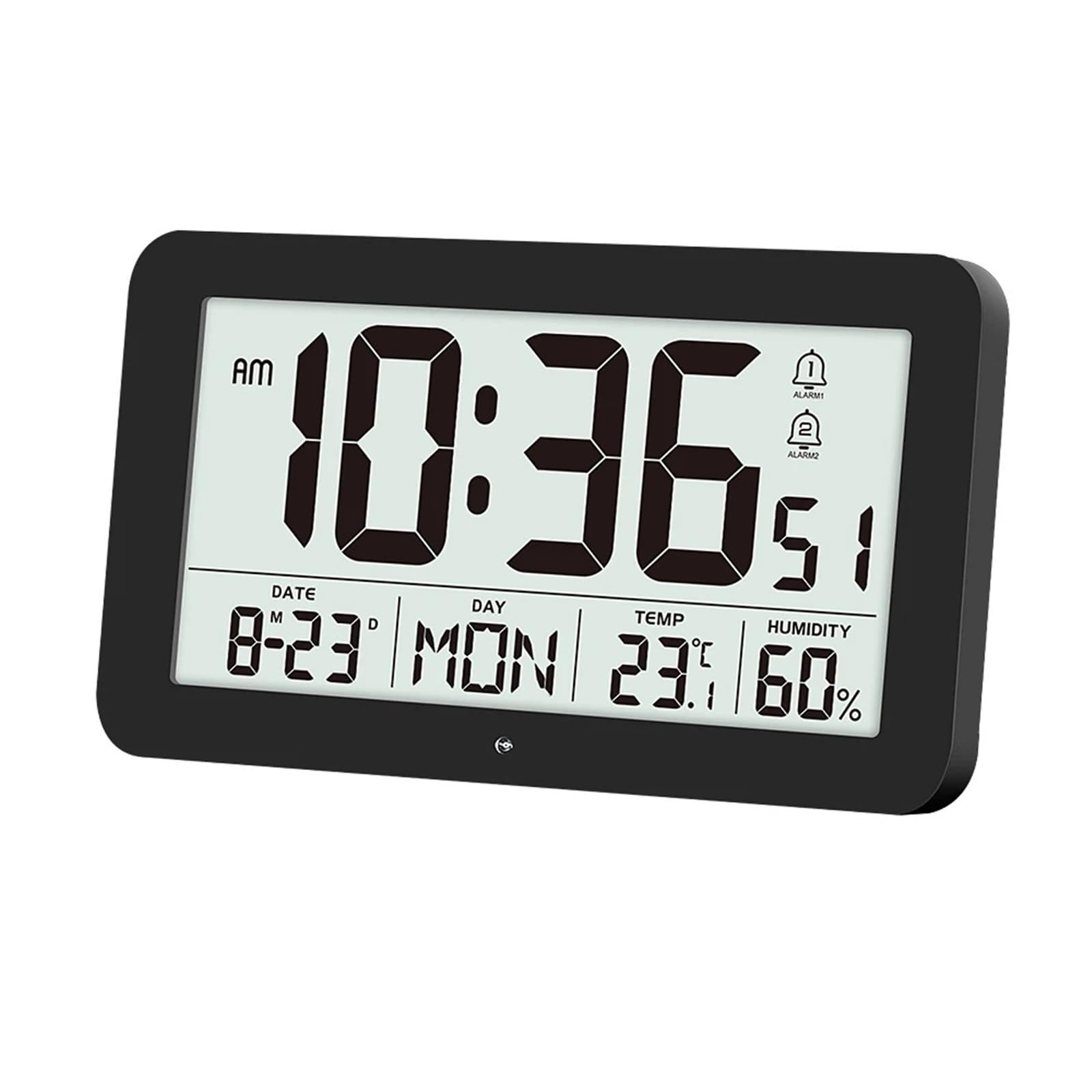 LADFRTYU Atomic Digital Wall Clock Battery Powered Digital Wall Clock TEMP Humidity Date Week 2 Alarm Night Vision 12/24H Auto Dimmable DST Snooze LCD Table(Black)